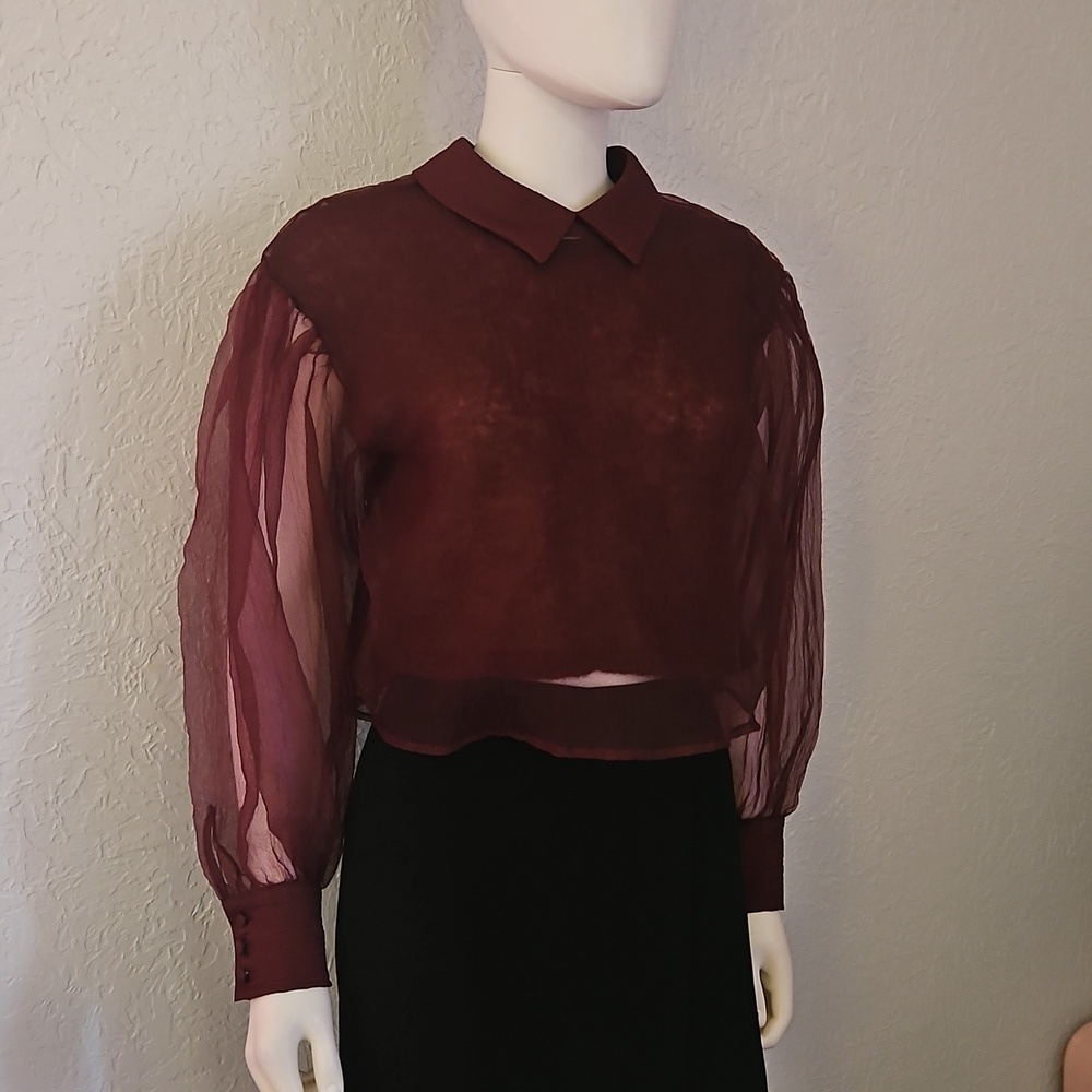 ZARA Dark Purple Alpaca Wool Lined Long Sleeve Organza Festival Crop Top - Picture 2 of 11